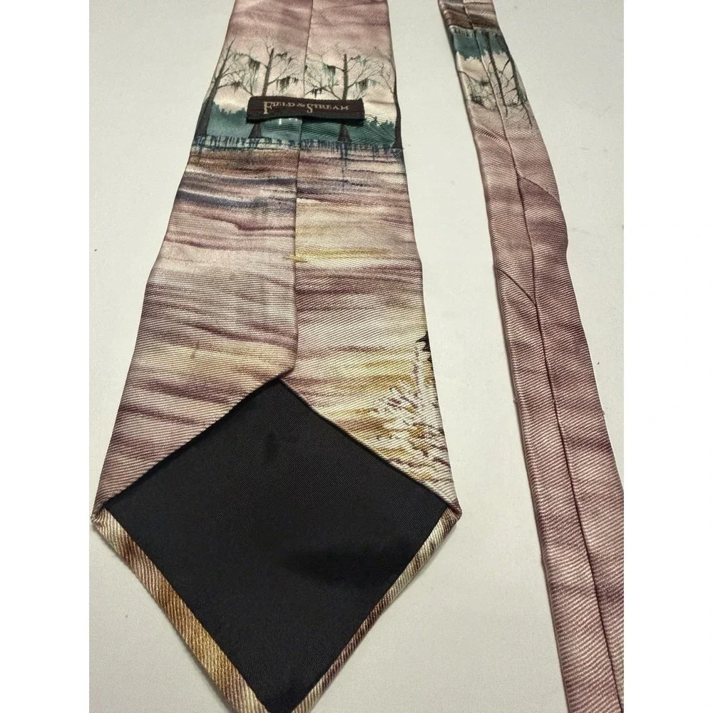 Field & Stream Mens Silk Tie Bass Fishing Fisherman Scenic Nature Brown Tan USA